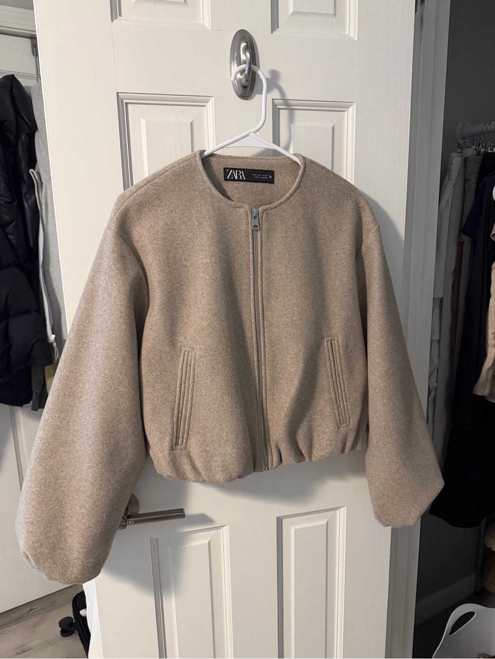 Zara Beige Wool-Blend Zip Bomber Jacket